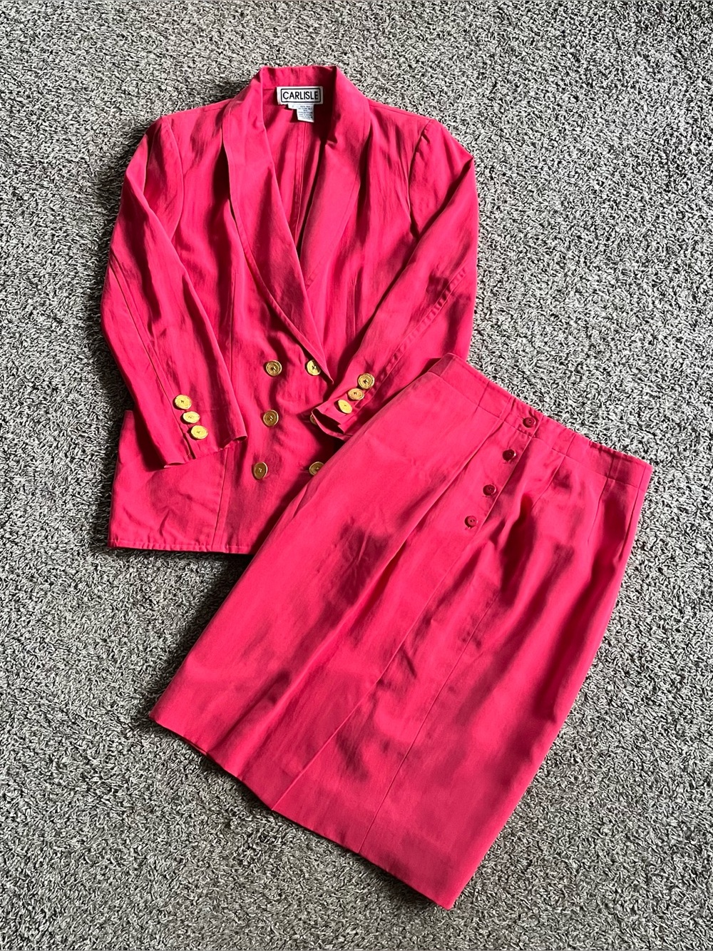 Carlisle Hot Pink 100% Silk Skirt Suit Set Gold Accents Career Luxury Size 2